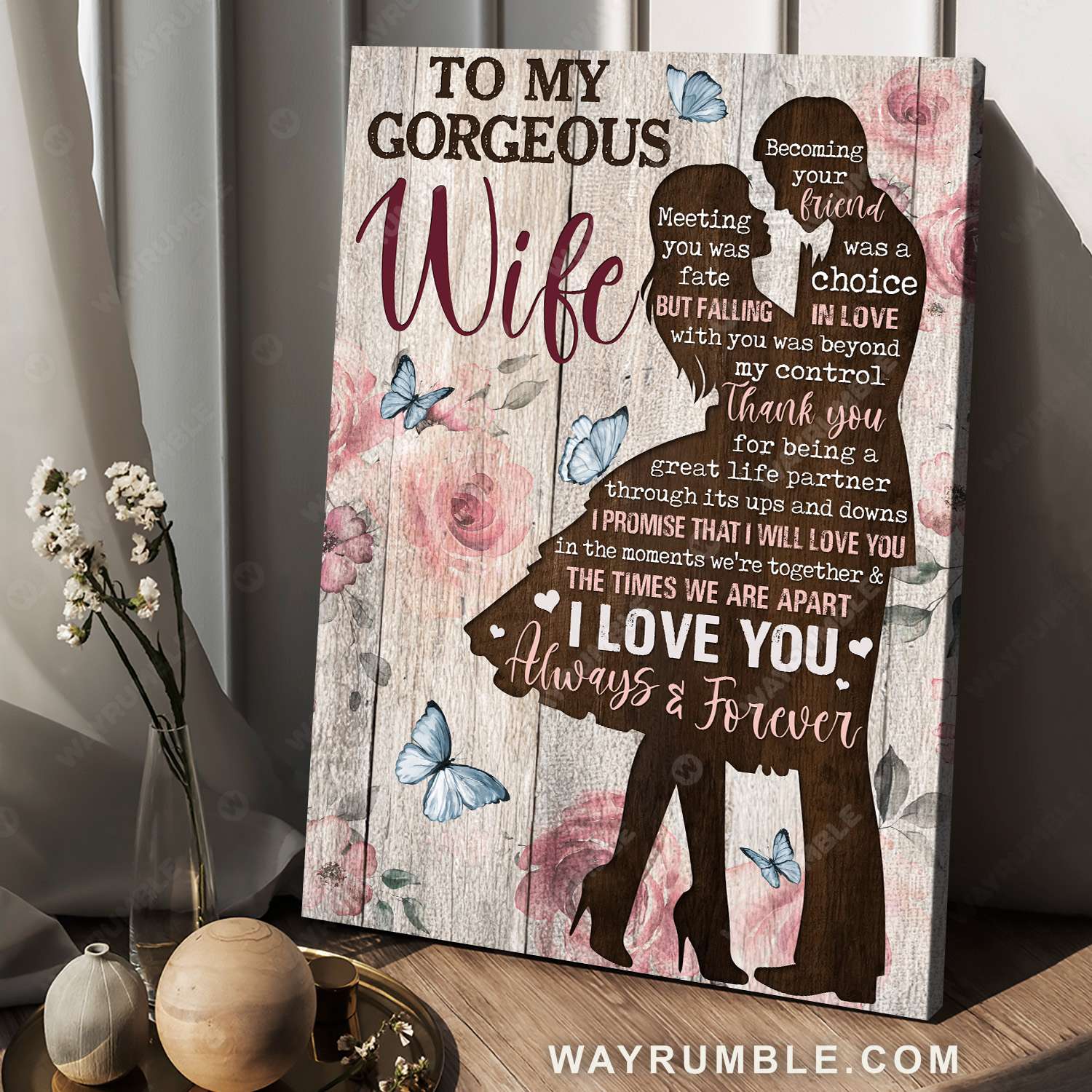 To my wife, Rose background, Blue butterfly, I love you always and forever - Family Portrait Canvas Prints, Wall Art