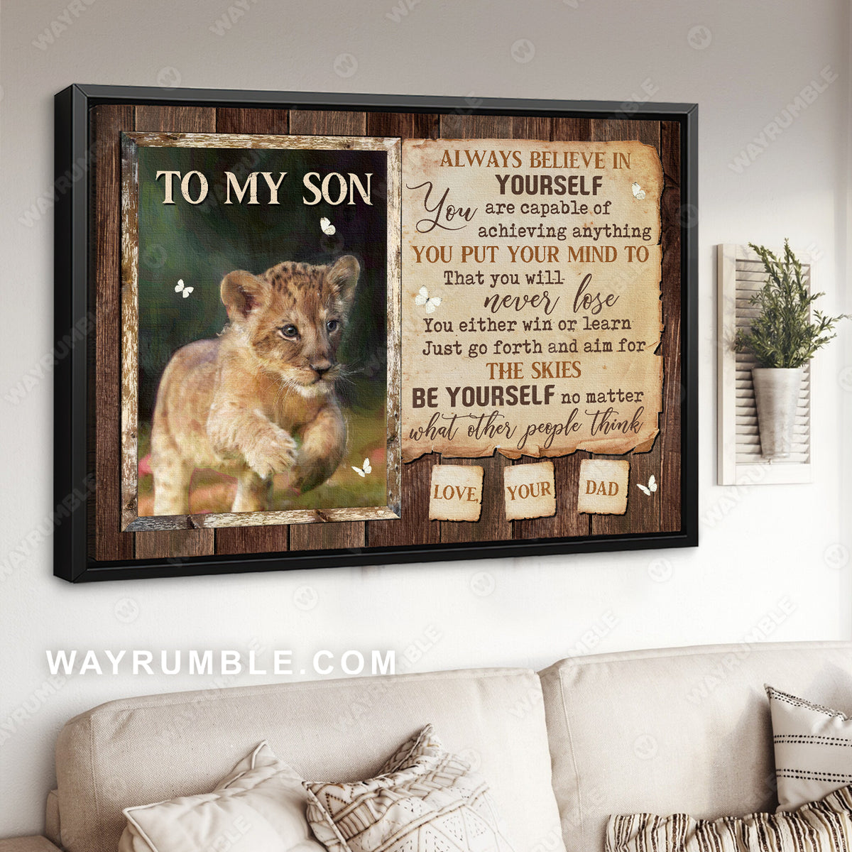Dad to son, Lion cub, Lion painting, Vintage letter, Always believe in yourself - Family Landscape Canvas Prints, Wall Art