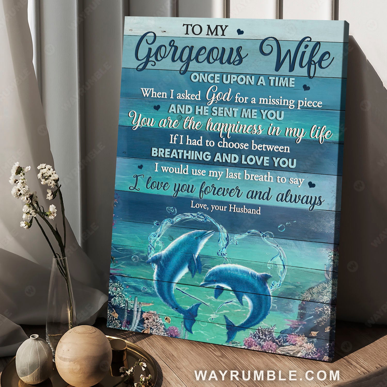 To my wife, Blue dolphin, Heart shape, Blue ocean, I love you forever and always - Family Portrait Canvas Prints, Wall Art