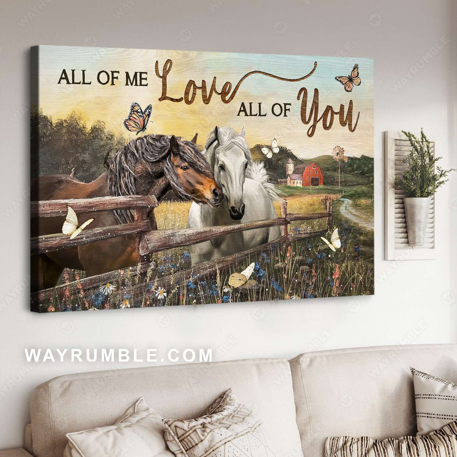 Brown horse, White horse, Old barn, All of me love all of you - Family Landscape Canvas Prints, Wall Art