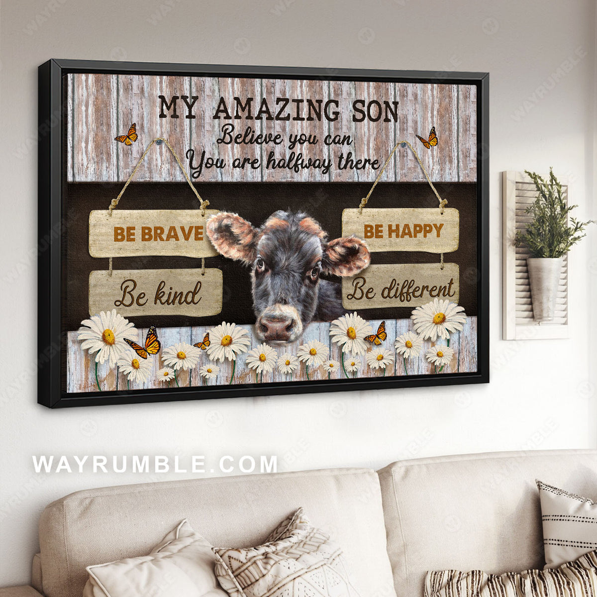 My amazing son, Cow painting, Daisy flower, On the farm, Be brave Be Happy Be kind Be different - Family Landscape Canvas Prints, Wall Art