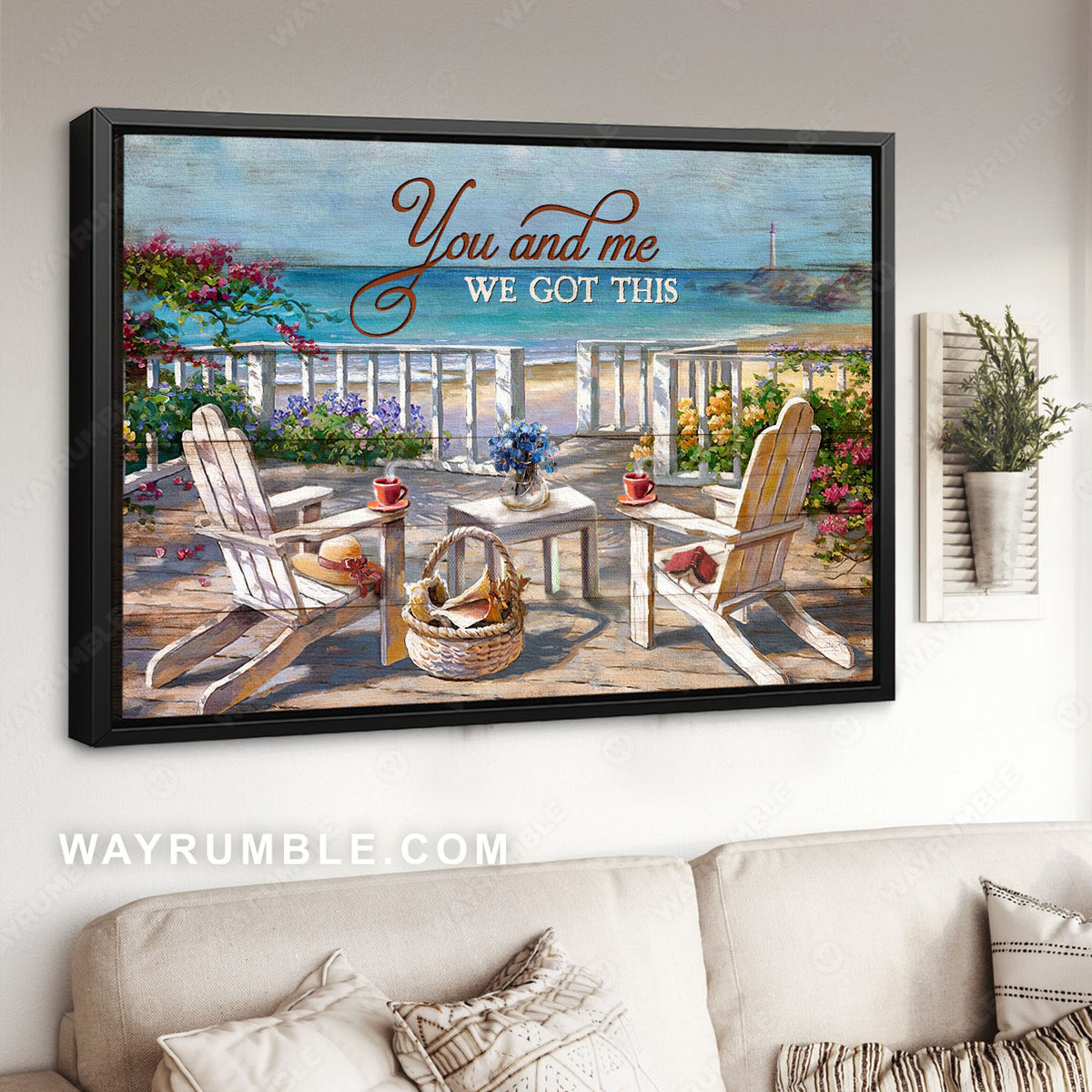 Wooden chair, Afternoon tea, Beach view, Colorful flower, You and me we got this - Family Landscape Canvas Prints, Wall Art