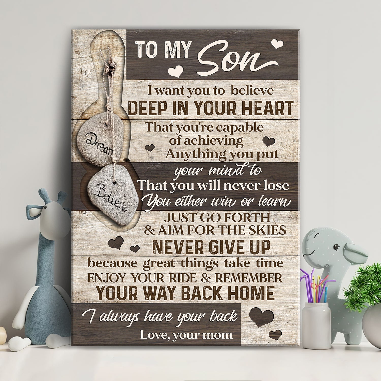 Mom to son, Dream & Believe Pebble, Enjoy your ride & remember your way back home - Family Portrait Canvas Prints, Wall Art