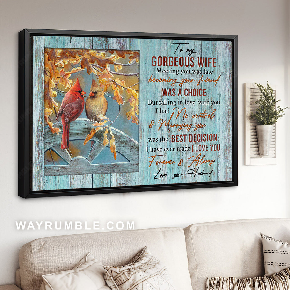 To my wife, Red cardinal, Yellow cardinal, Autumn tree, Meeting you was fate - Family Landscape Canvas Prints, Wall Art