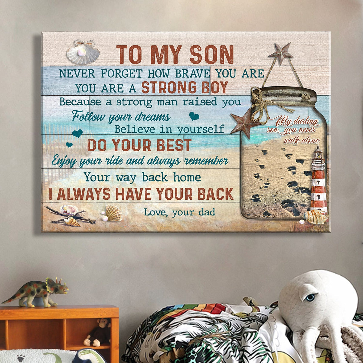 Father to son, Lighthouse, Jar, Beach Landscape, You never walk alone - Family Landscape Canvas Prints, Wall Art