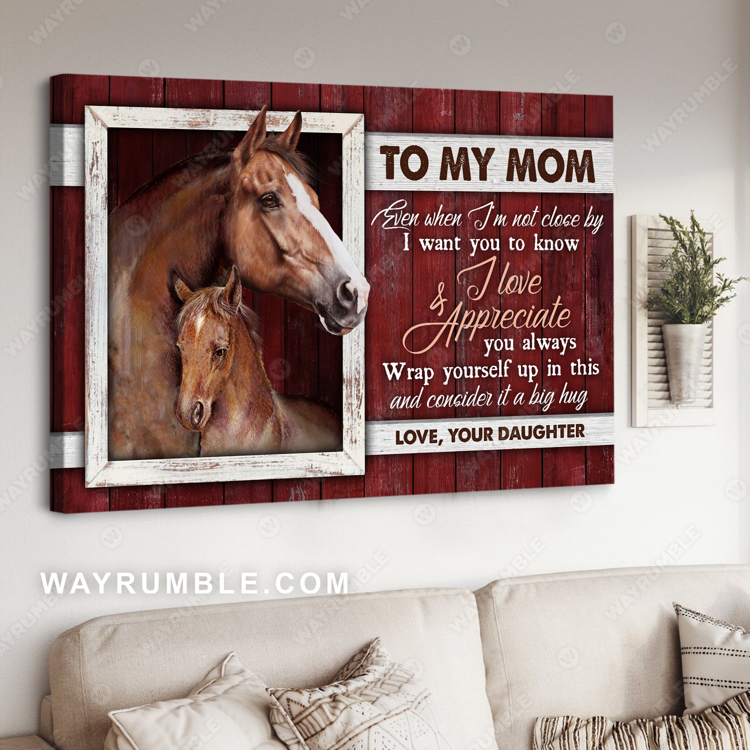 Daughter to mom, Horse painting, Red background, I love and appreciate you always - Family Landscape Canvas Prints, Wall Art