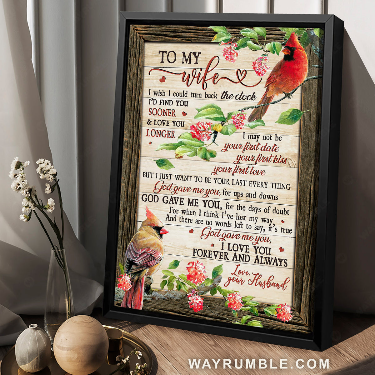 To my wife, Red cardinal, Yellow cardinal, Flower branch, I love you forever - Family Portrait Canvas Prints, Wall Art