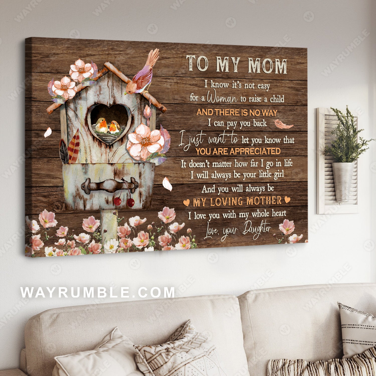 Daughter to mom, Birdhouse, flower painting, I love you with my whole heart - Family Landscape Canvas Prints, Wall Art