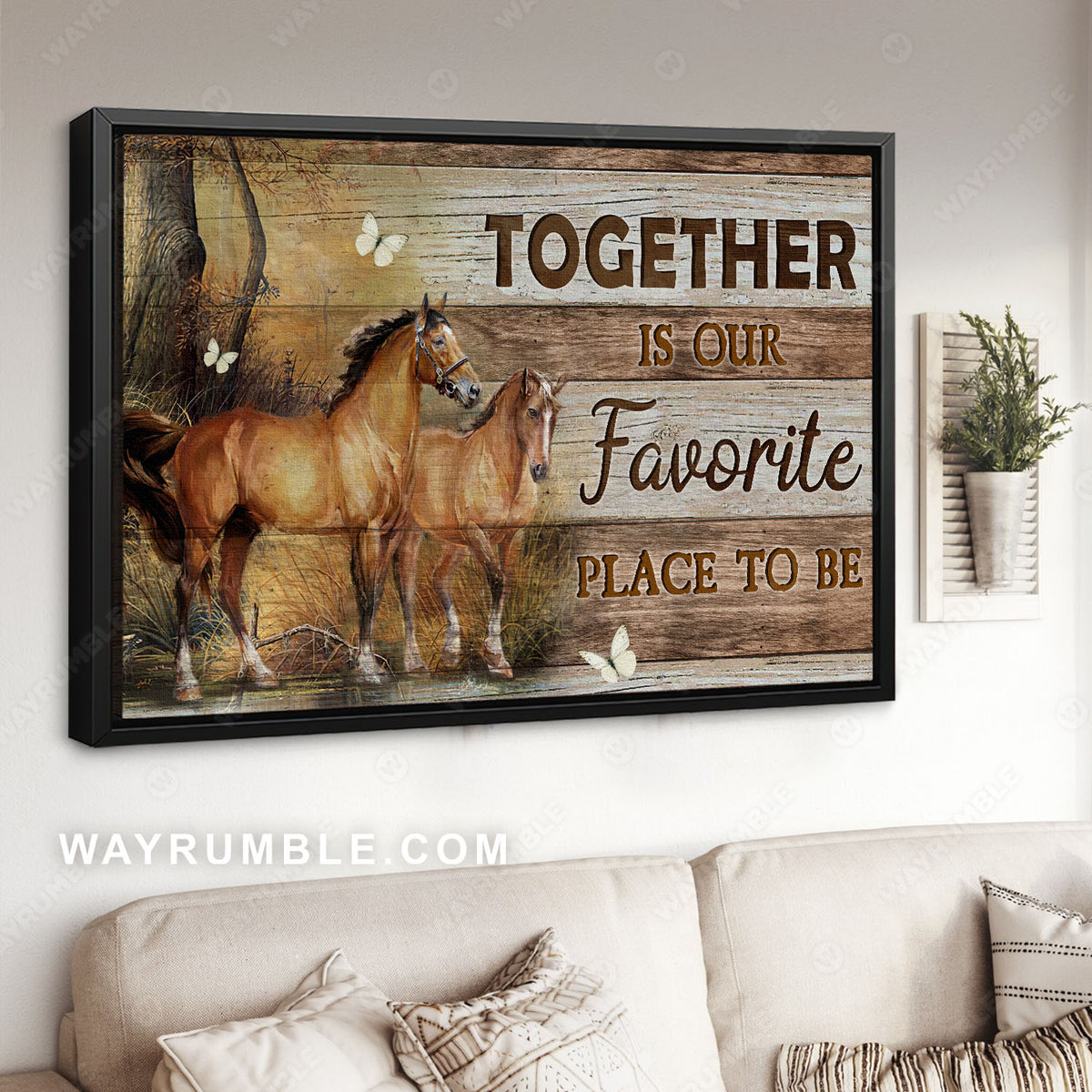 Brown horse, Horse couple, White butterfly, Together is our favorite - Family Landscape Canvas Prints, Wall Art
