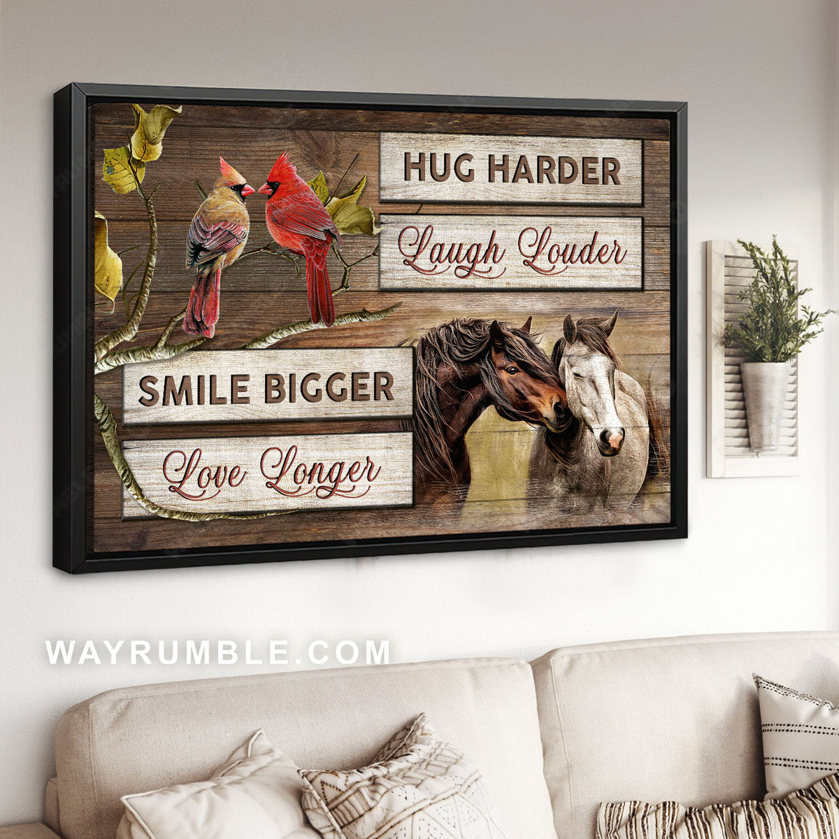 Red cardinals, Horse painting, Animal love, Hug harder laugh louder - Family Landscape Canvas Prints, Wall Art