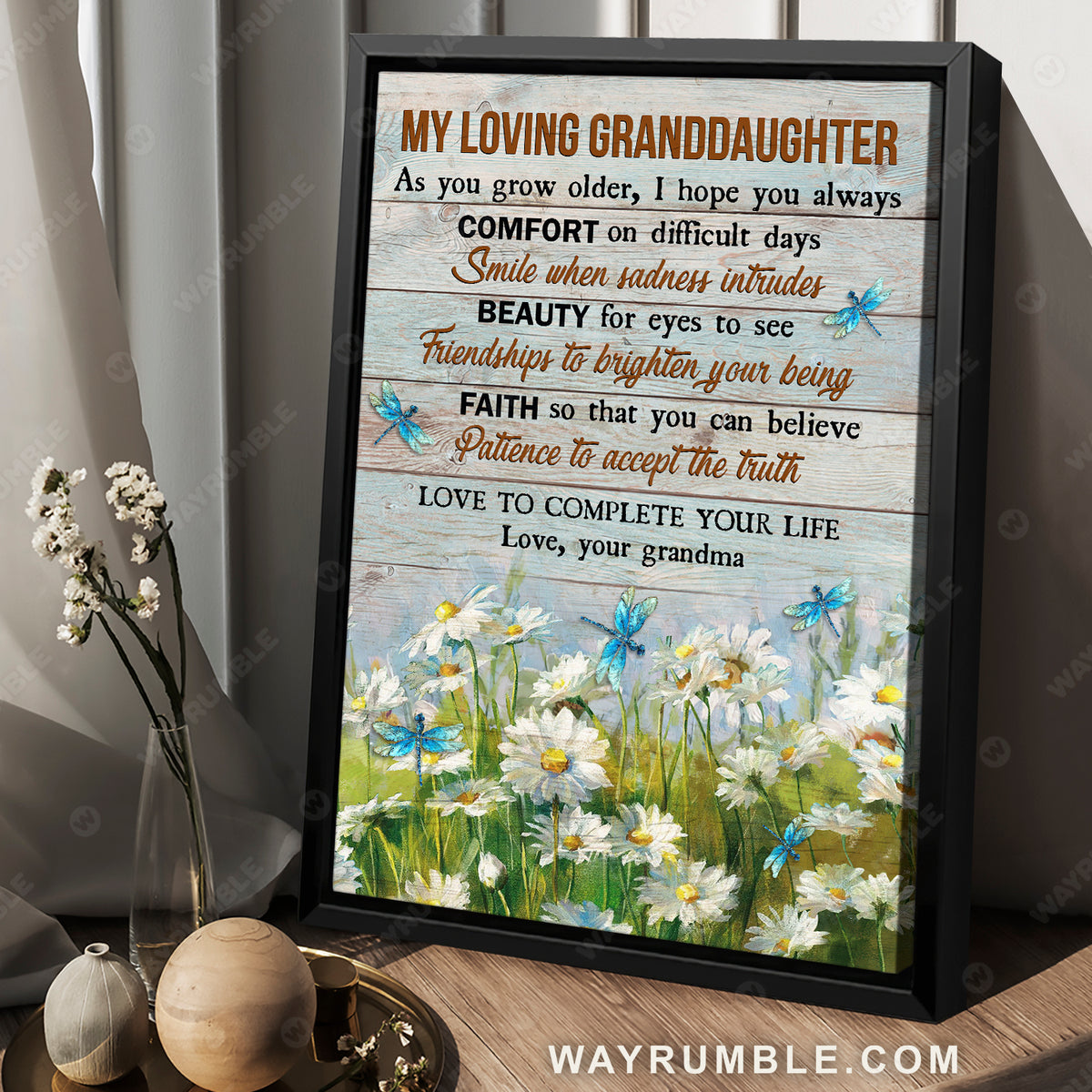 Grandma to Granddaughter, Daisy Field, Dragonfly, Love to complete your life - Family Portrait Canvas Prints, Wall Art