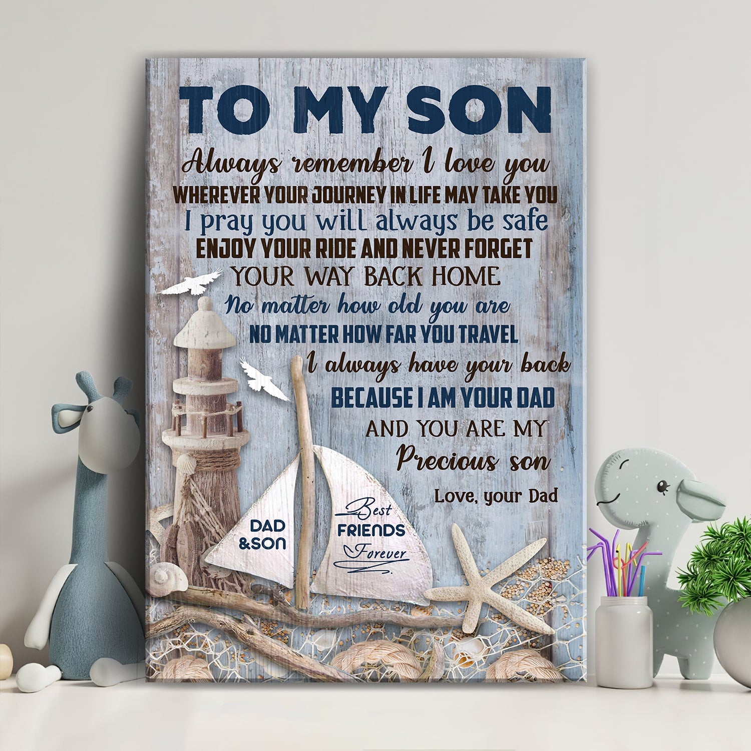 Dad to son, Lighthouse, Sail boat, Best friend forever, I always have your back - Family Portrait Canvas Prints, Wall Art