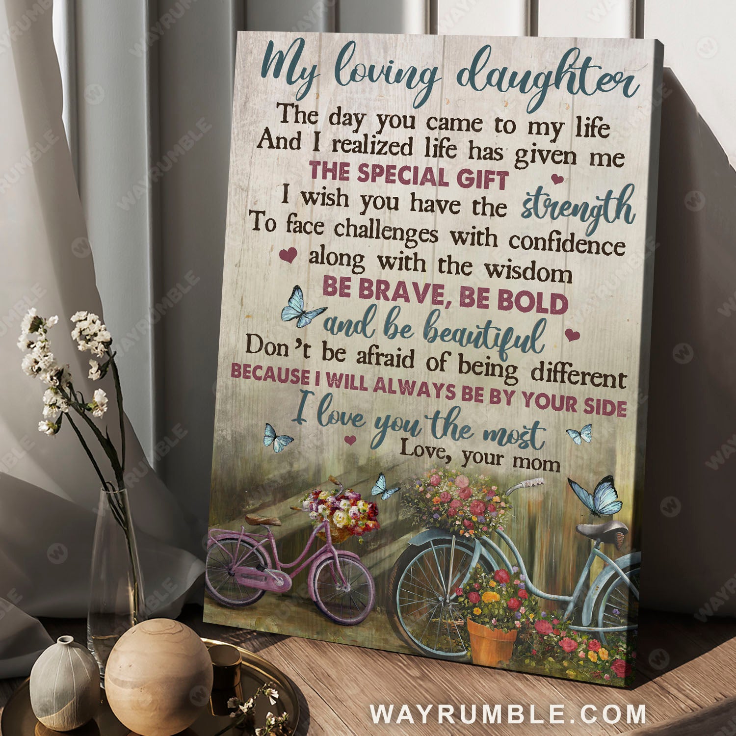 Mom to daughter, Vintage bicycle, Flower vase, I will always be by your side - Family Portrait Canvas Prints, Wall Art