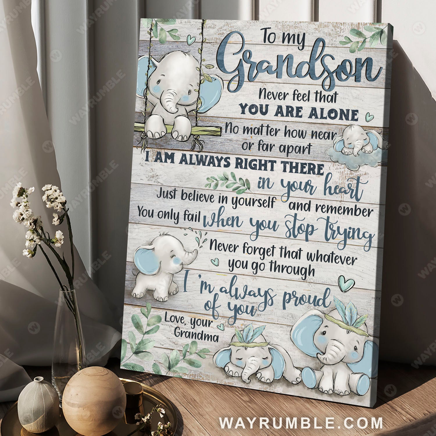 Grandma to grandson, Cute elephant, Elephant drawing, I am always right in your heart - Family Portrait Canvas Prints, Wall Art