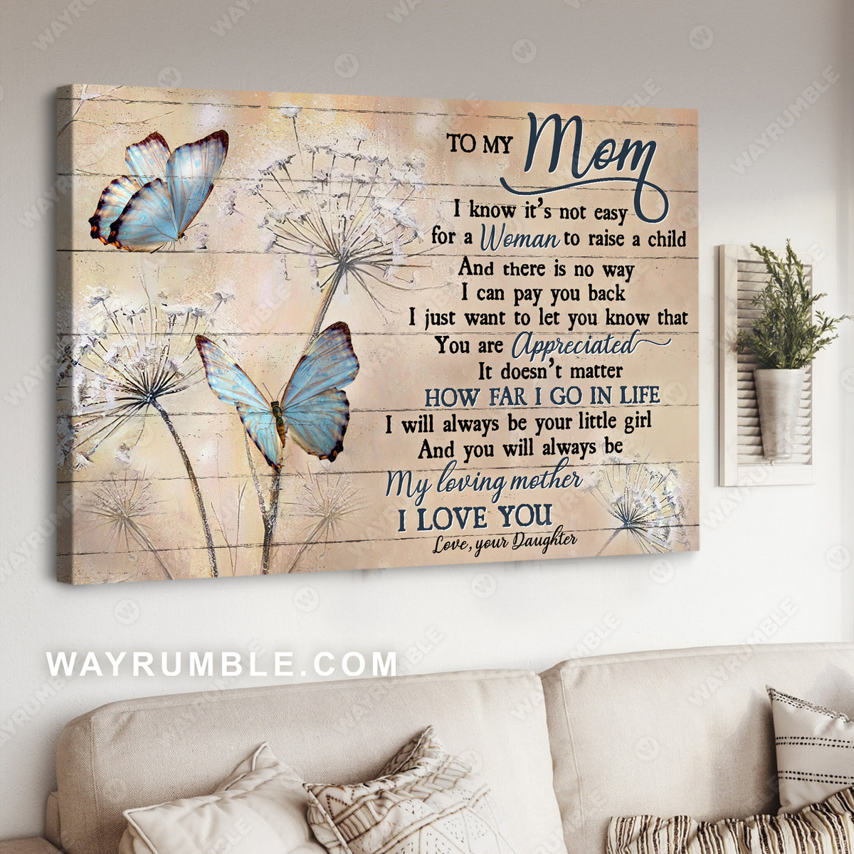 Daughter to mom, Dandelion painting, Blue butterfly, I love you - Family Landscape Canvas Prints, Wall Art