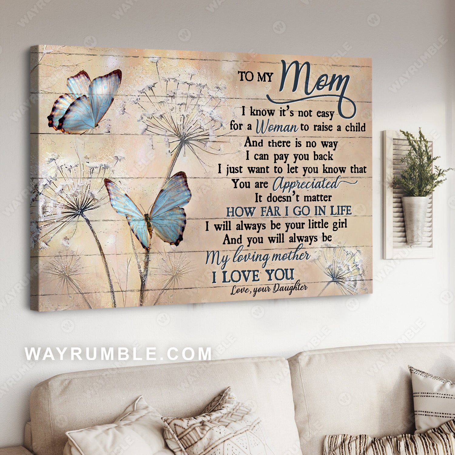 Daughter to mom, Dandelion painting, Blue butterfly, I love you - Family Landscape Canvas Prints, Wall Art