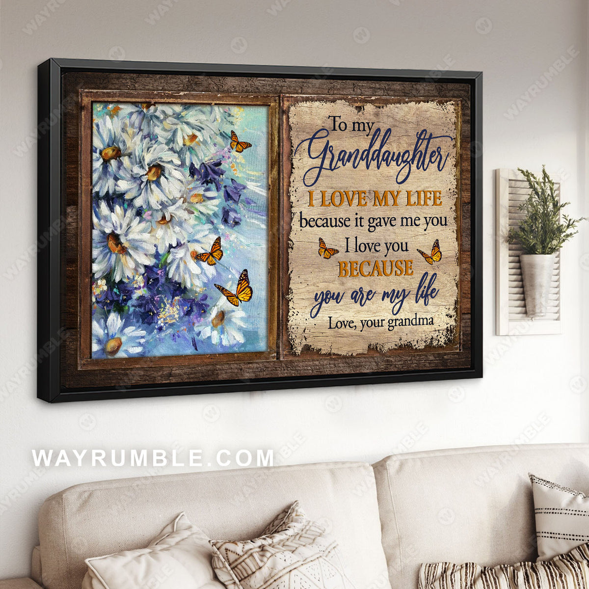 Grandma to Granddaughter, Daisy flower, Vintage painting, Old window frame, I love you because you are my life - Family Landscape Canvas Prints, Wall Art