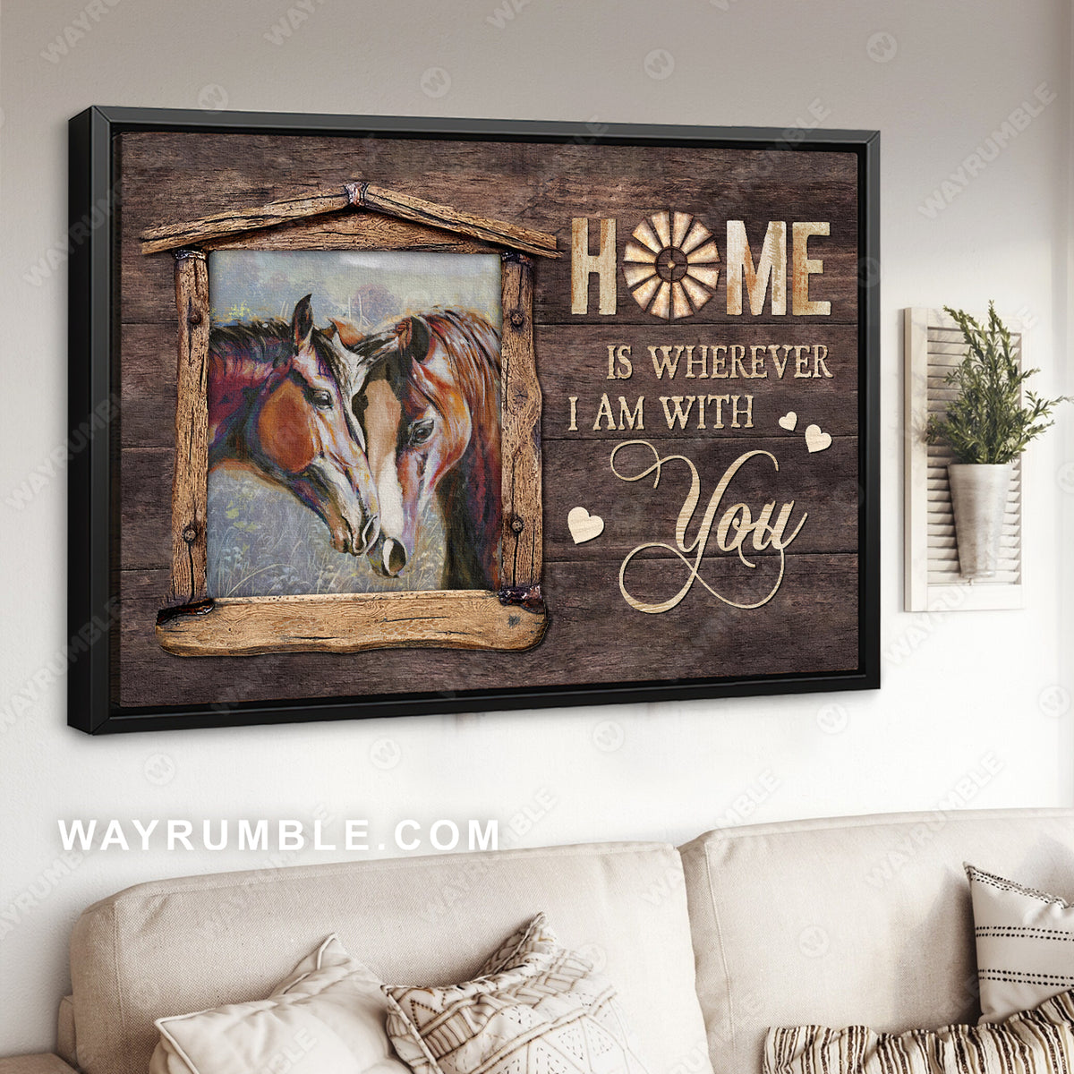 Horse painting, Wooden frame, Home is wherever I am with you - Family Landscape Canvas Prints, Wall Art