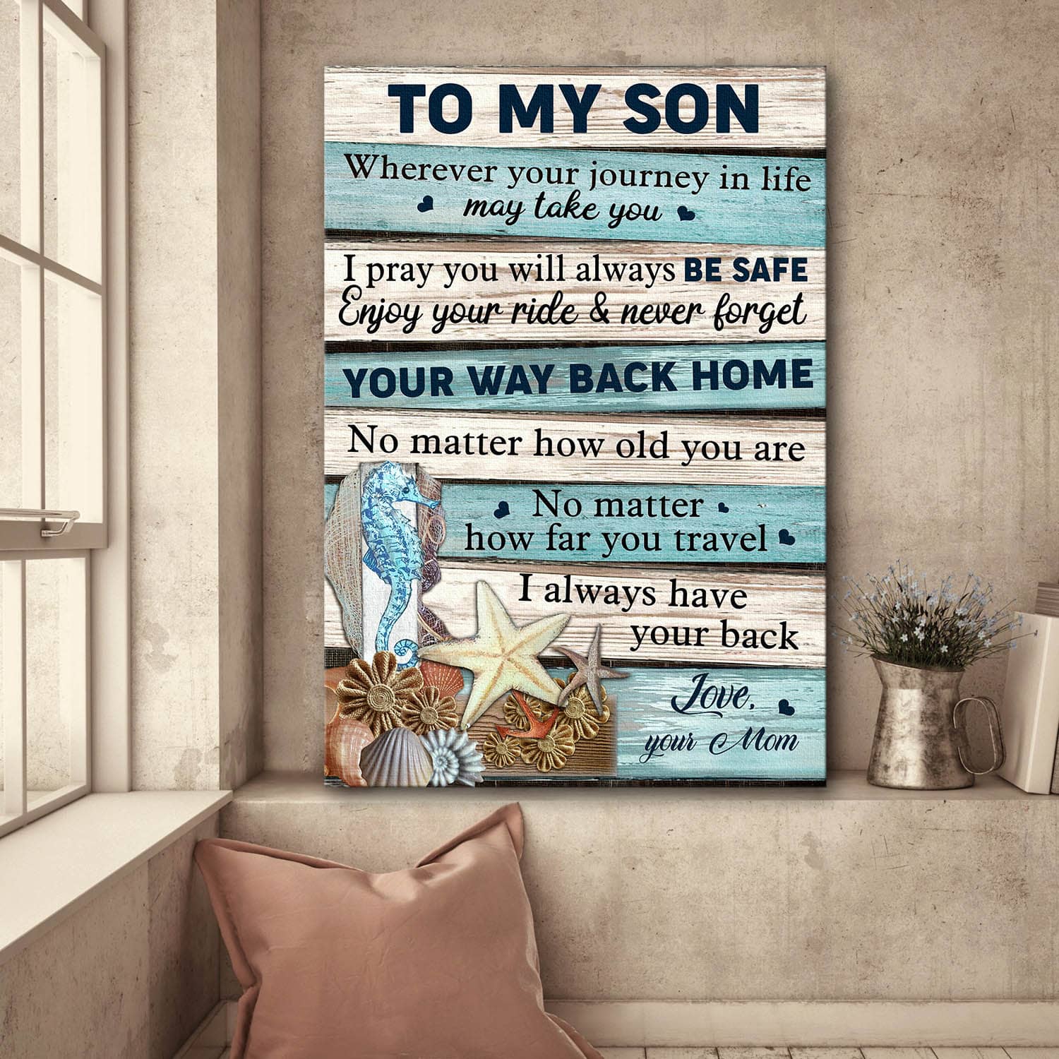 Mom to son, Ocean view, Hippocampus, Starfish, No matter what I will always have your back - Family Portrait Canvas Prints, Wall Art