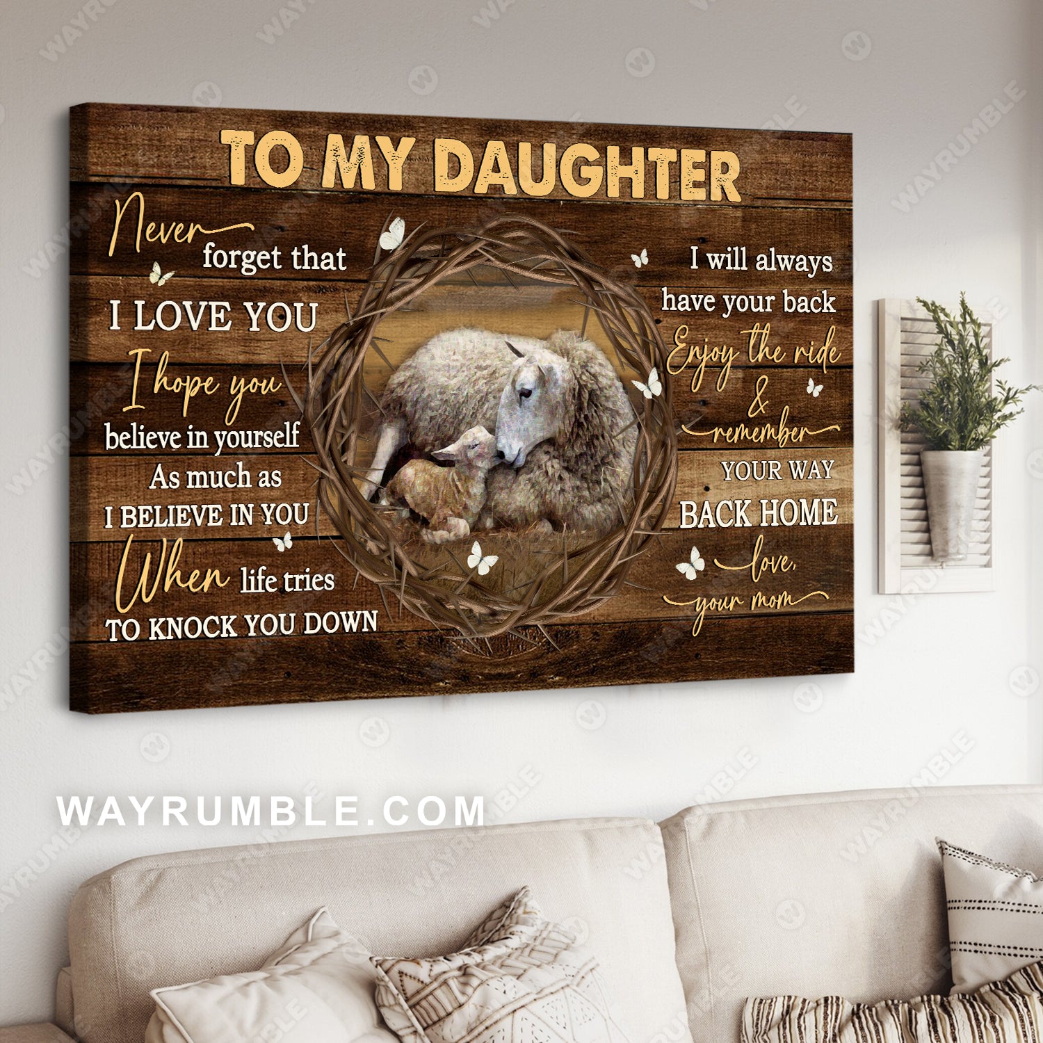 Mom to daughter, Wooden background, Lamb painting, I will always have your back - Family Landscape Canvas Prints, Wall Art