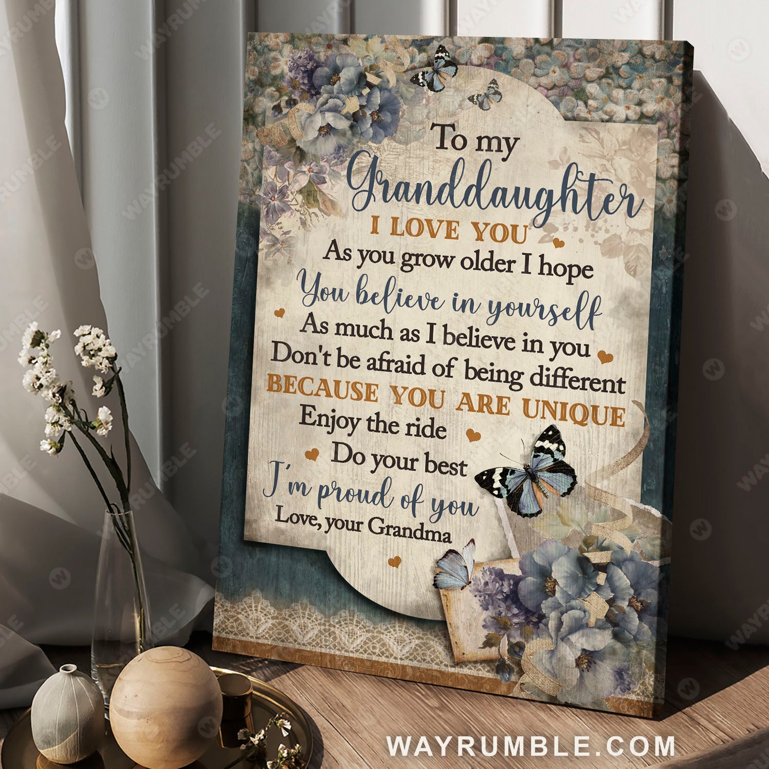 Grandma to granddaughter, Vintage wallpaper, Blue flower, I'm proud of you - Family Portrait Canvas Prints, Wall Art