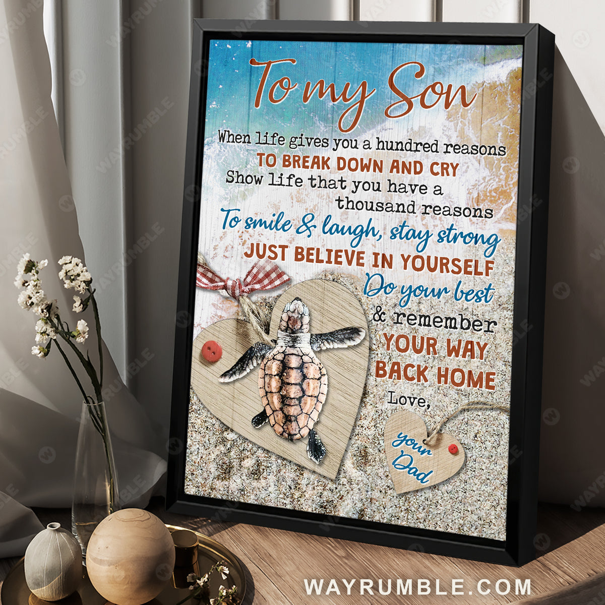 Dad to son, Sea turtle, On the beach, Seashore painting, Believe in yourself - Family Portrait Canvas Prints, Wall Art