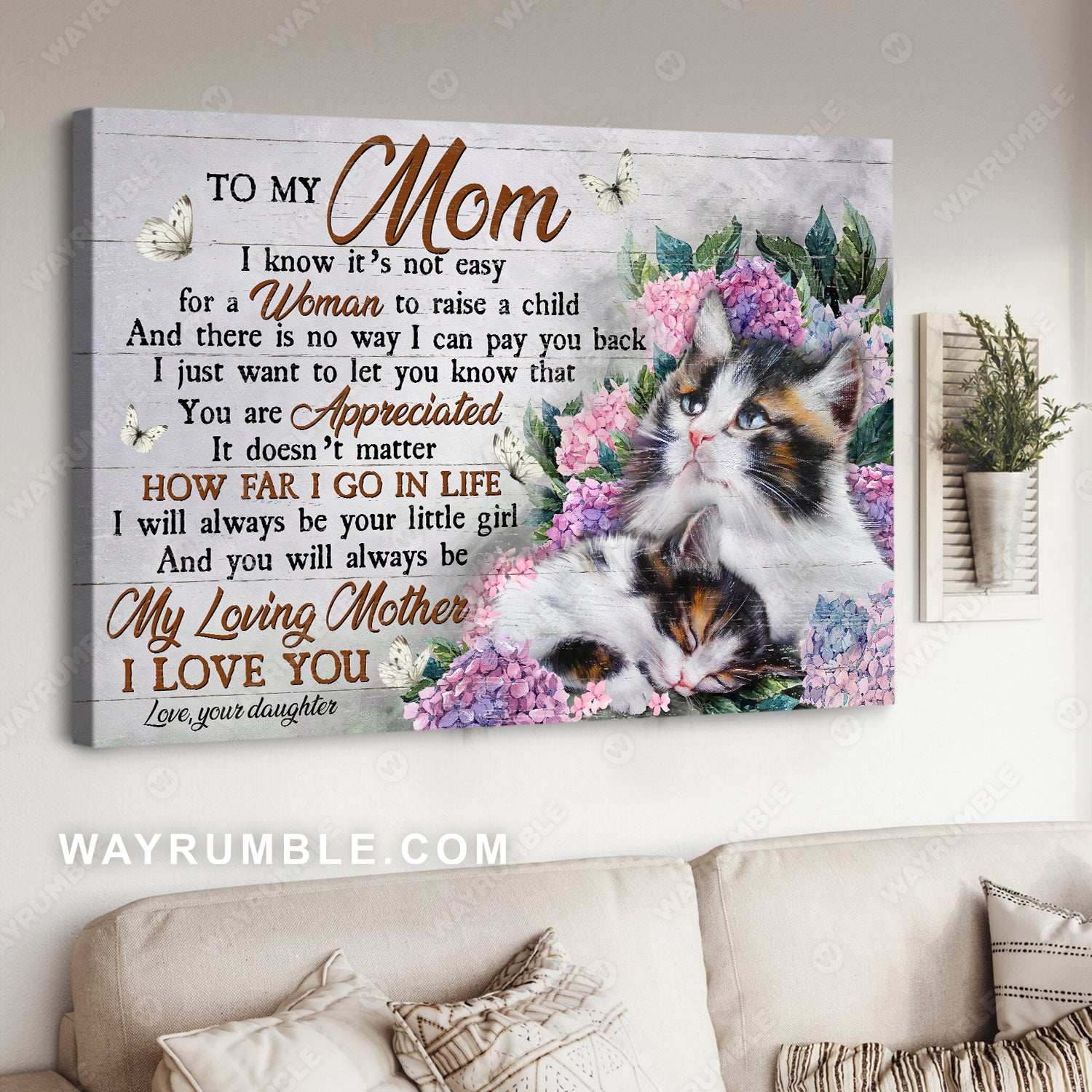 Daughter to mom, Calico cat, Hydrangea flower, I love you - Family Landscape Canvas Prints, Wall Art