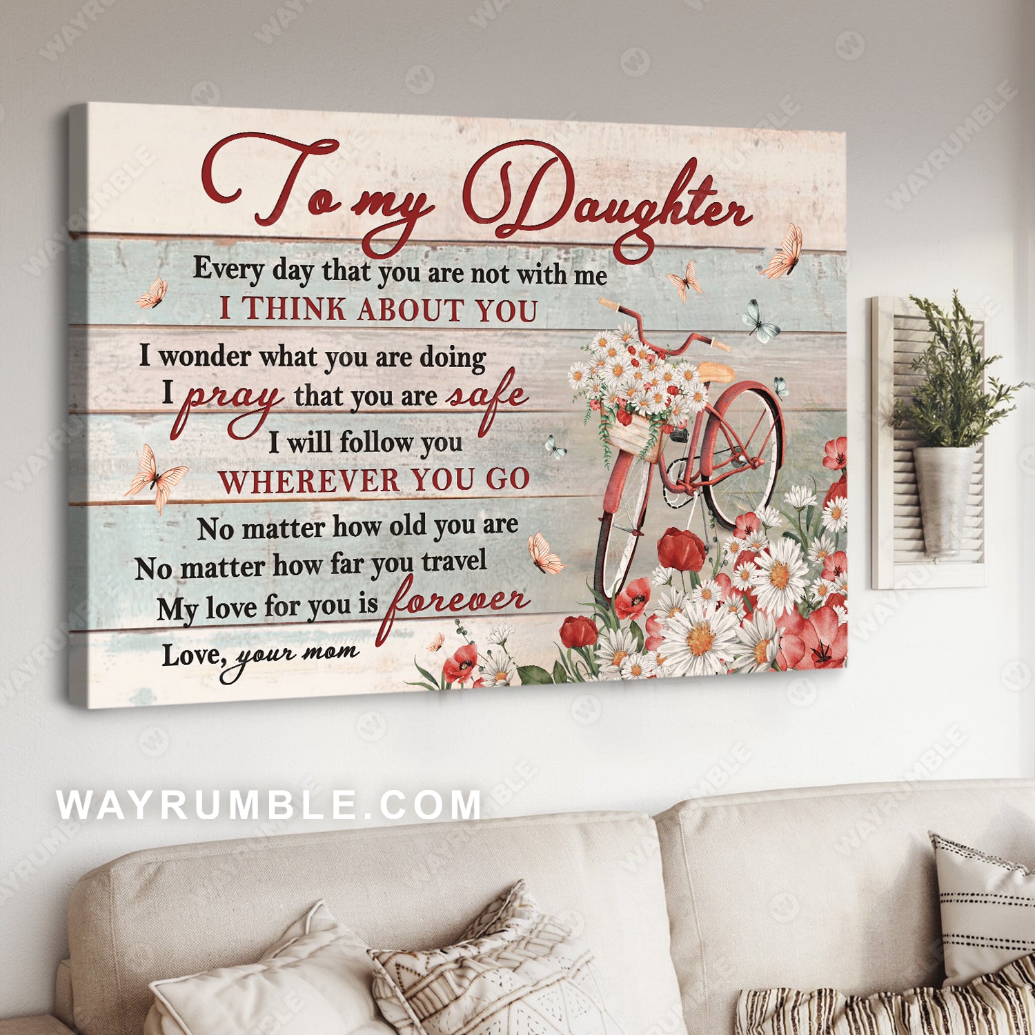 Mom to daughter, Daisy flower, Vintage painting, Flower bicycle, My love for you is forever - Family Landscape Canvas Prints, Wall Art