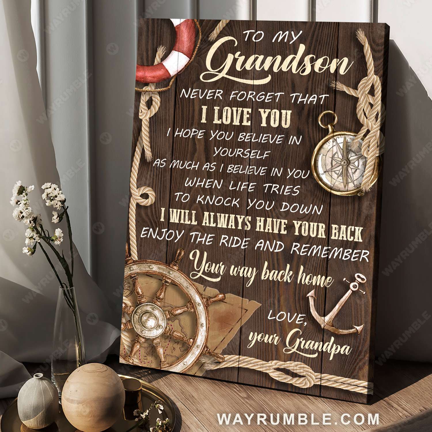 Grandpa to grandson, Ocean them, Compass, I will always have your back - Family Landscape Canvas Prints, Wall Art