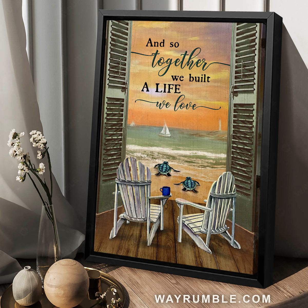 Beach chair, Sea turtle, Sunset ocean, A life we love - Family Portrait Canvas Prints, Wall Art