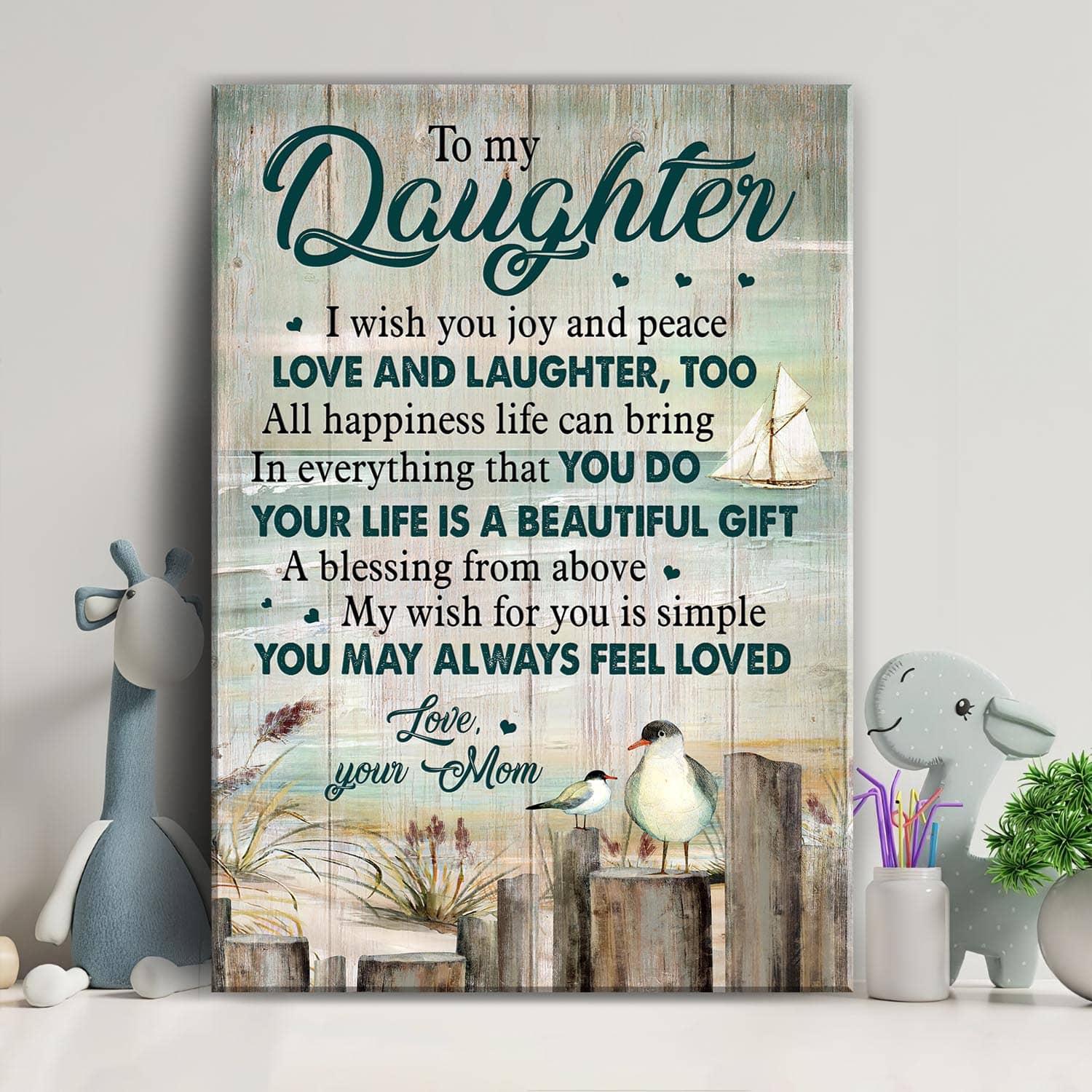 Mom to daughter, Beach, Boat, Seagull family, I wish you joy and peace - Family Portrait Canvas Prints, Wall Art