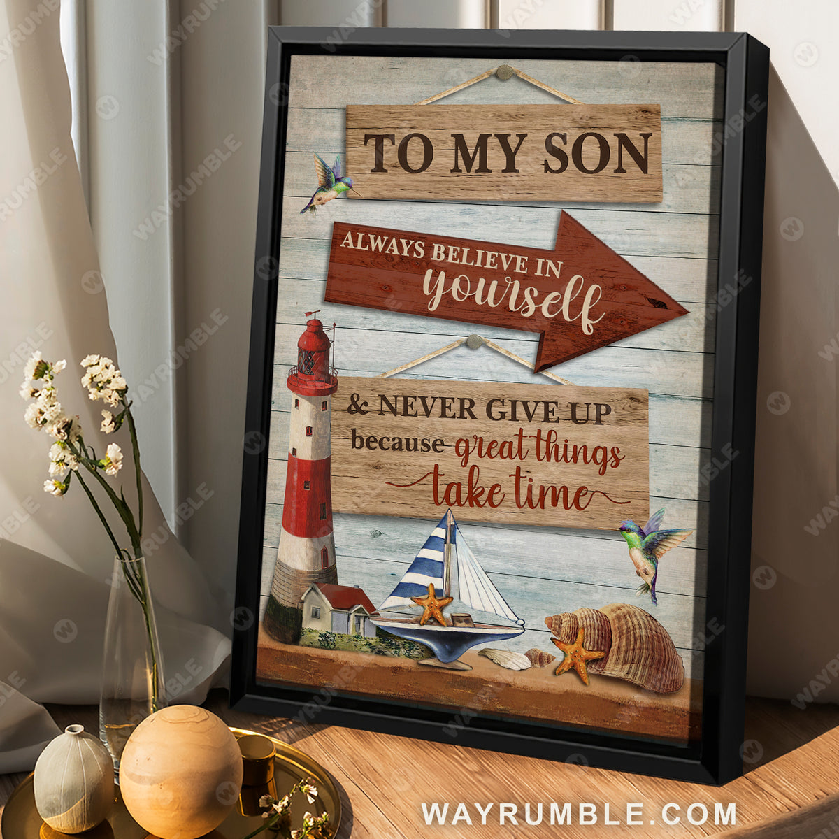 To my son, Ocean theme, Seashell, Lighthouse, Always believe in yourself - Family Portrait Canvas Prints, Wall Art