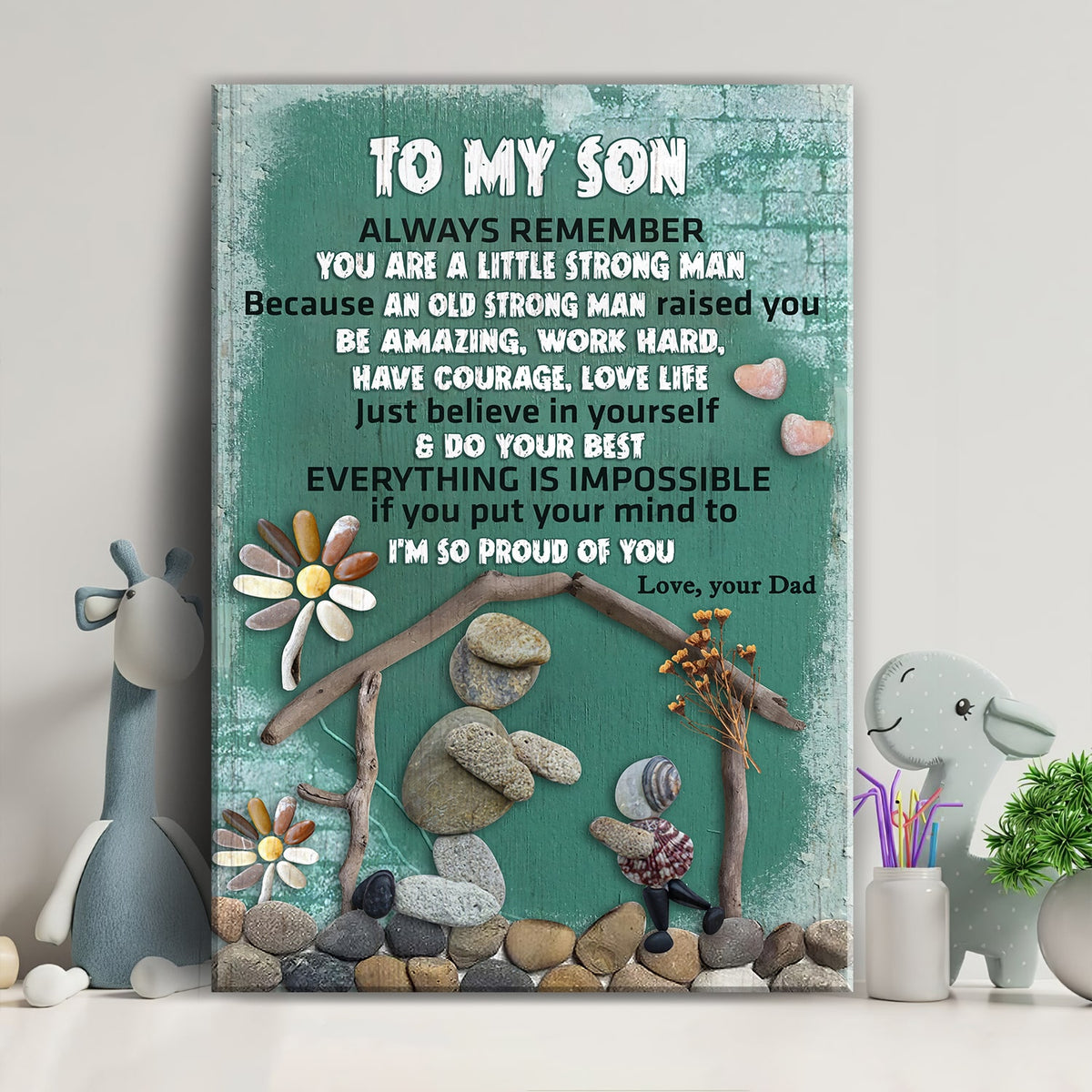 Dad to son, Pebble dad and son, Wooden House, You are a little strong man - Family Portrait Canvas Prints, Wall Art