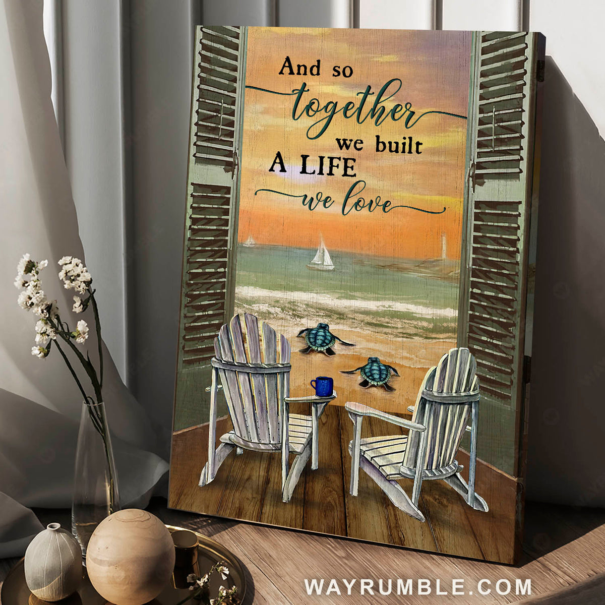 Beach chair, Sea turtle, Sunset ocean, A life we love - Family Portrait Canvas Prints, Wall Art