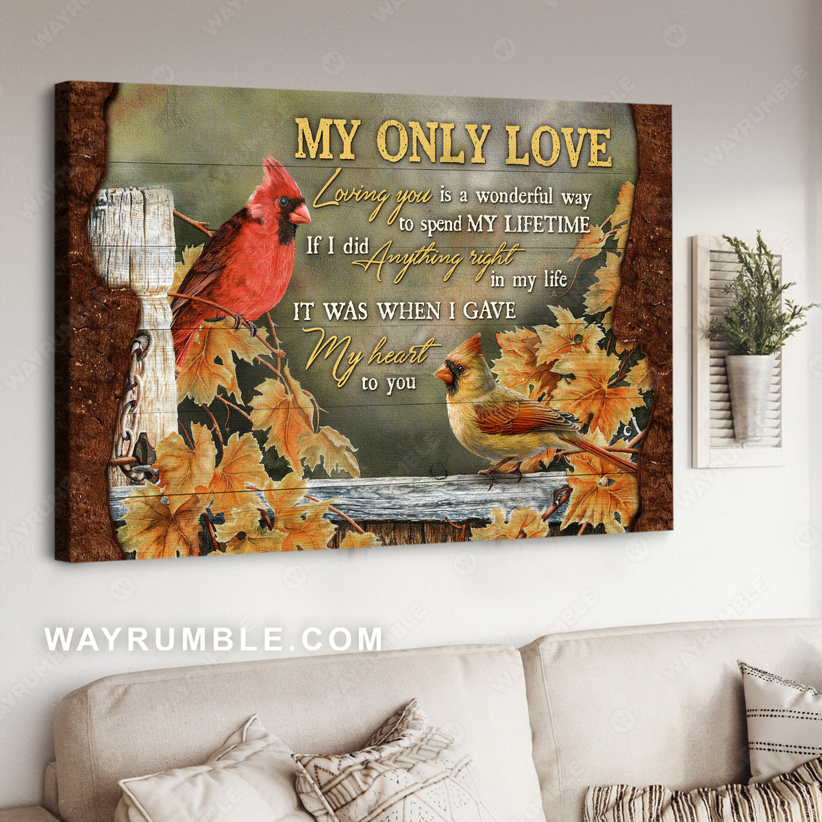 Watercolor cardinal, Maple forest, Loving you is a wonderful way - Family Landscape Canvas Prints, Wall Art