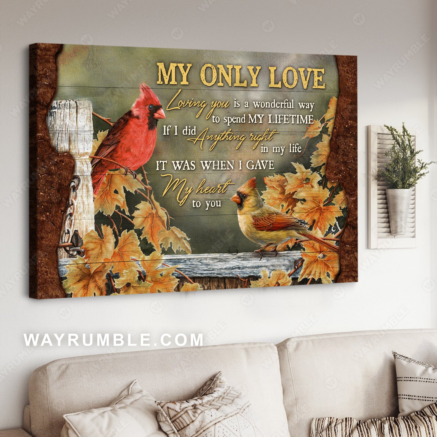 Watercolor cardinal, Maple forest, Loving you is a wonderful way - Family Landscape Canvas Prints, Wall Art
