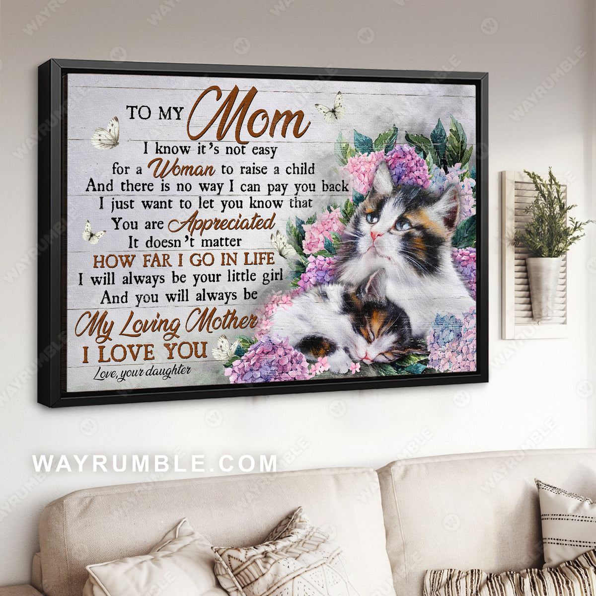 Daughter to mom, Calico cat, Hydrangea flower, I love you - Family Landscape Canvas Prints, Wall Art