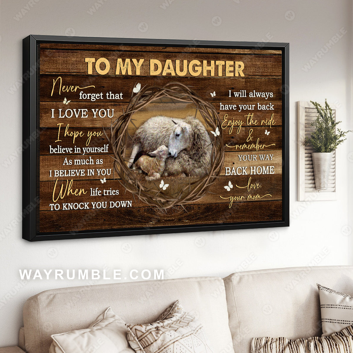 Mom to daughter, Wooden background, Lamb painting, I will always have your back - Family Landscape Canvas Prints, Wall Art