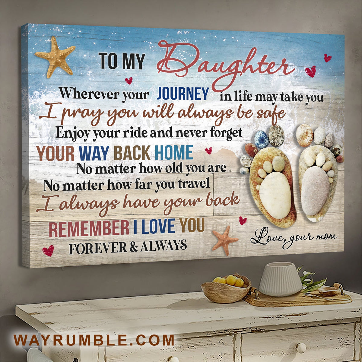 Mom to daughter, Pebble footprint, sand beach, I always have your back - Family Landscape Canvas Prints, Wall Art