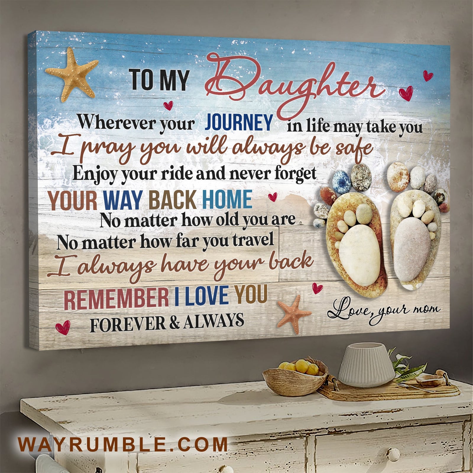 Mom to daughter, Pebble footprint, sand beach, I always have your back - Family Landscape Canvas Prints, Wall Art