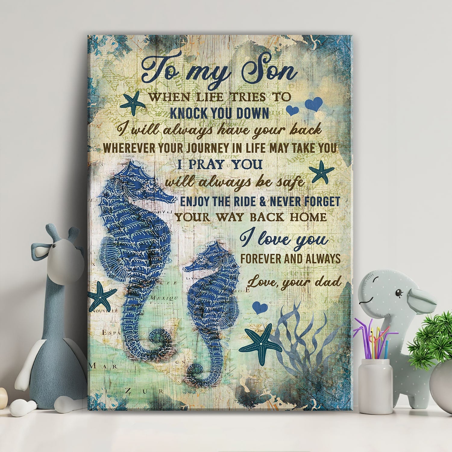 Dad to son, Hippocampus family, Enjoy the ride & never forget your way back home - Family Portrait Canvas Prints, Wall Art