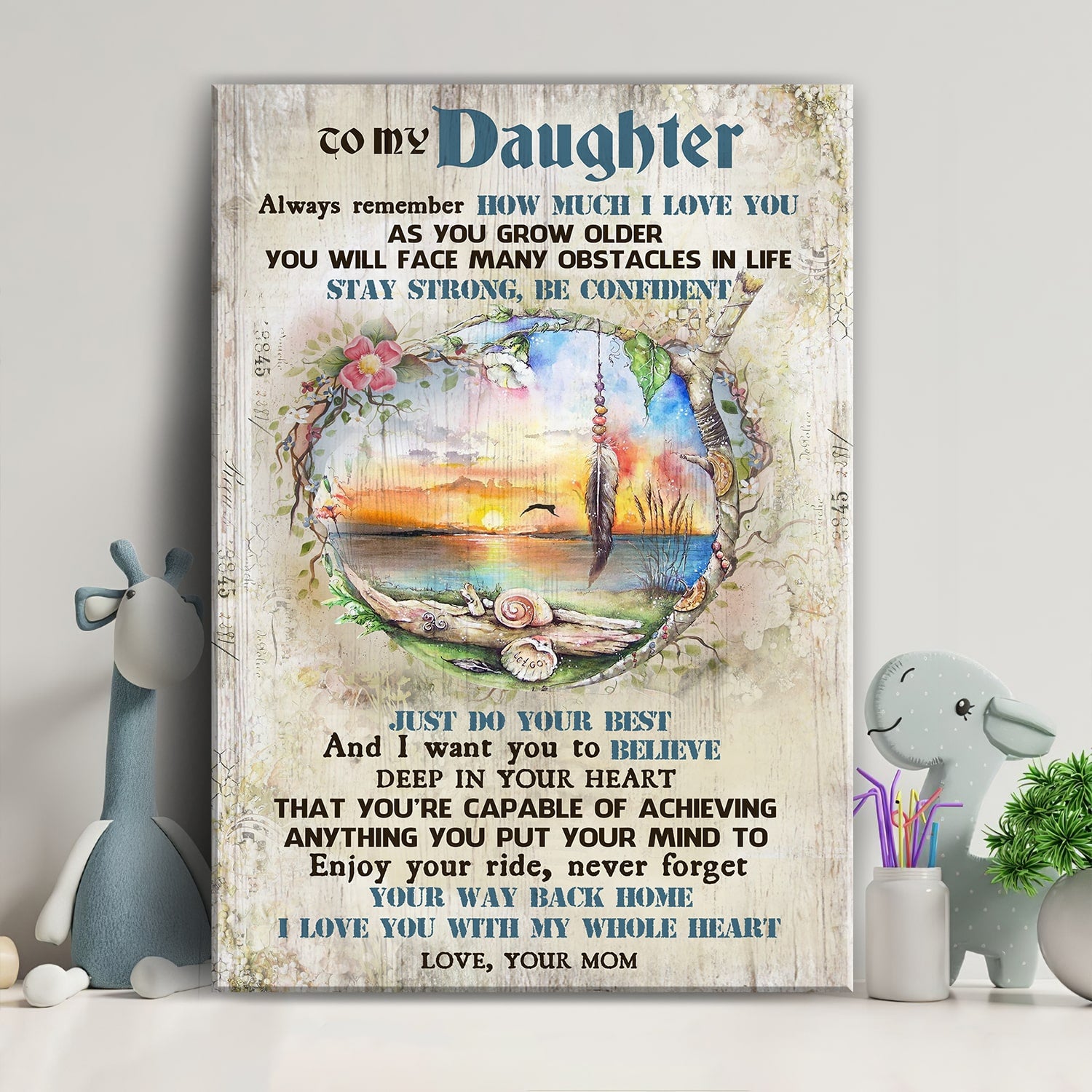 Mom to daughter, Sunset ocean landscape, Enjoy your ride & never forget your way back home - Family Portrait Canvas Prints, Wall Art