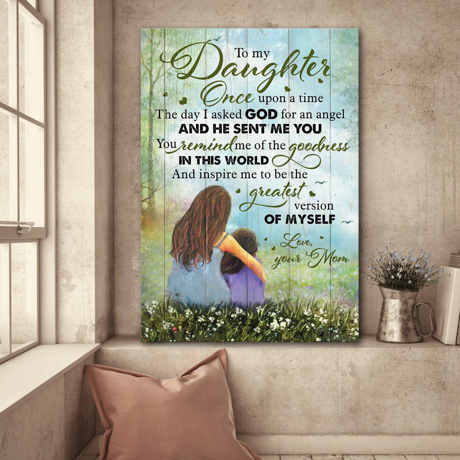 Mom to daughter, Sitting on grassland, I asked God for an angel and he sent me you - Family Portrait Canvas Prints, Wall Art