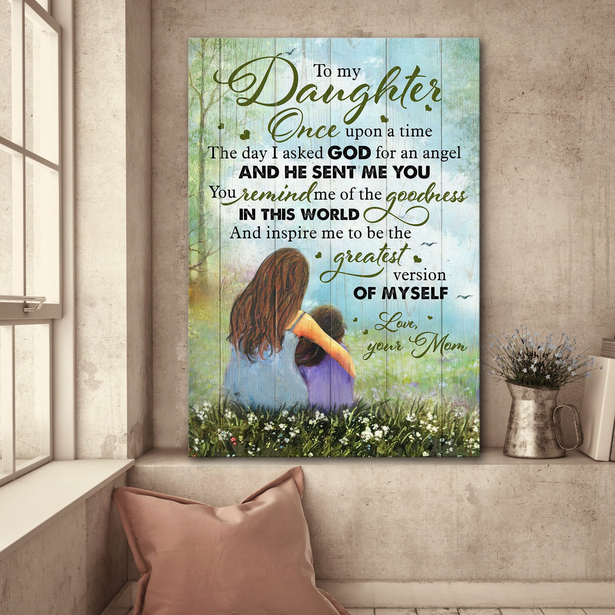 Mom to daughter, Sitting on grassland, I asked God for an angel and he sent me you - Family Portrait Canvas Prints, Wall Art
