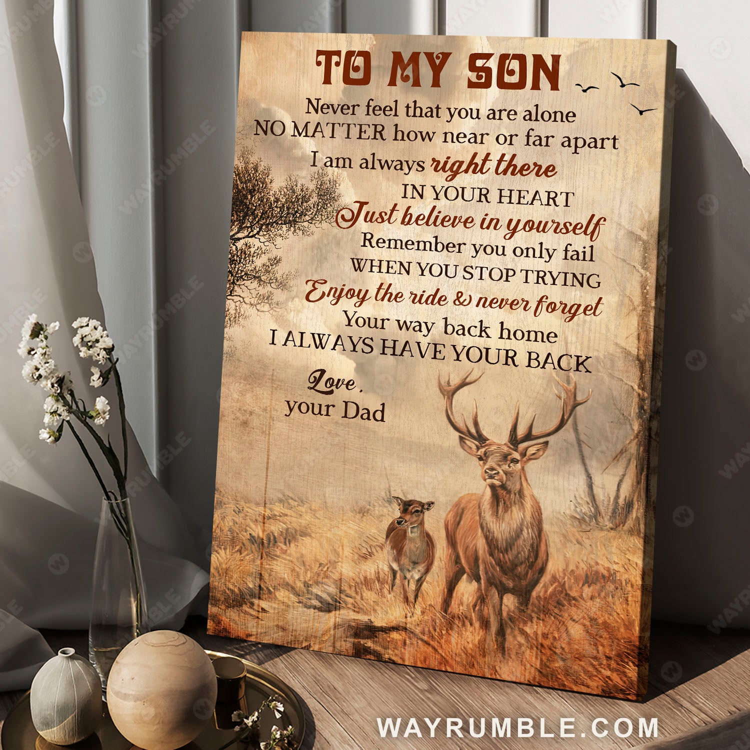 Dad to son, Deer drawing, Meadow landscape, I am always in your heart - Family Portrait Canvas Prints, Wall Art