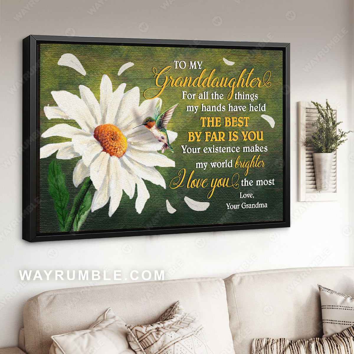 Grandma to granddaughter, Daisy flower painting, Green background, Your existence makes my world brighter - Family Landscape Canvas Prints, Wall Art