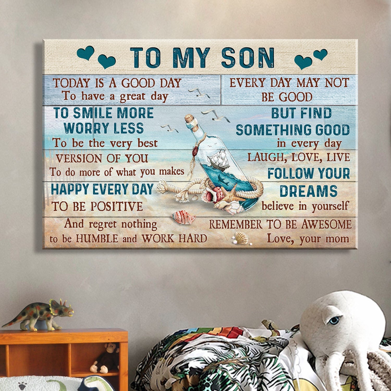 Mom to son, Wishing bottle, On the ocean, Find something good in every day - Family Landscape Canvas Prints, Wall Art