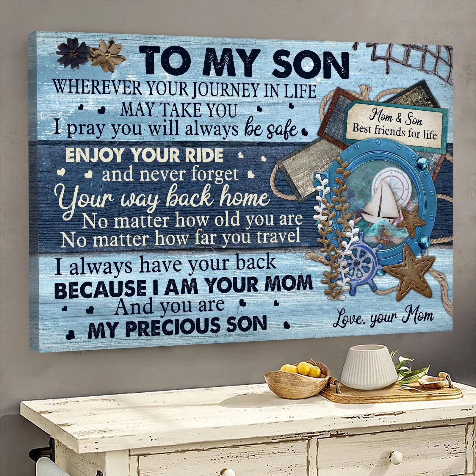 Mom to son, The ocean, Enjoy your ride & never forget your way back home - Family Portrait Canvas Prints, Wall Art