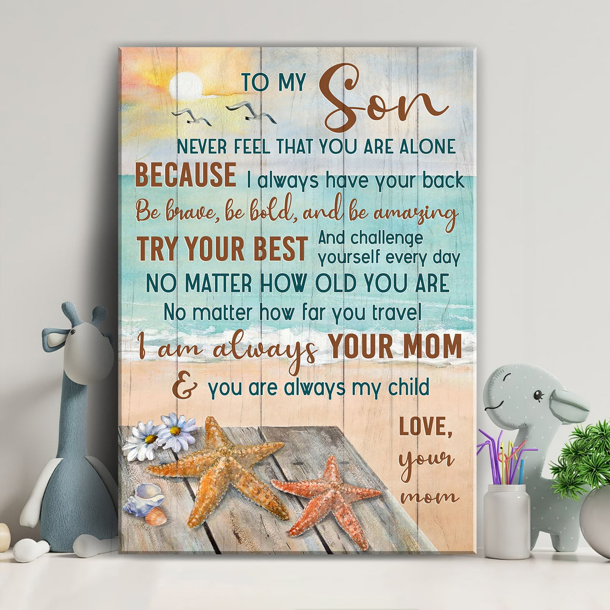 Mom to son, Starfish, Sunset beach, Daisy flower, Try your best &amp; challenge yourself everyday - Family Portrait Canvas Prints, Wall Art