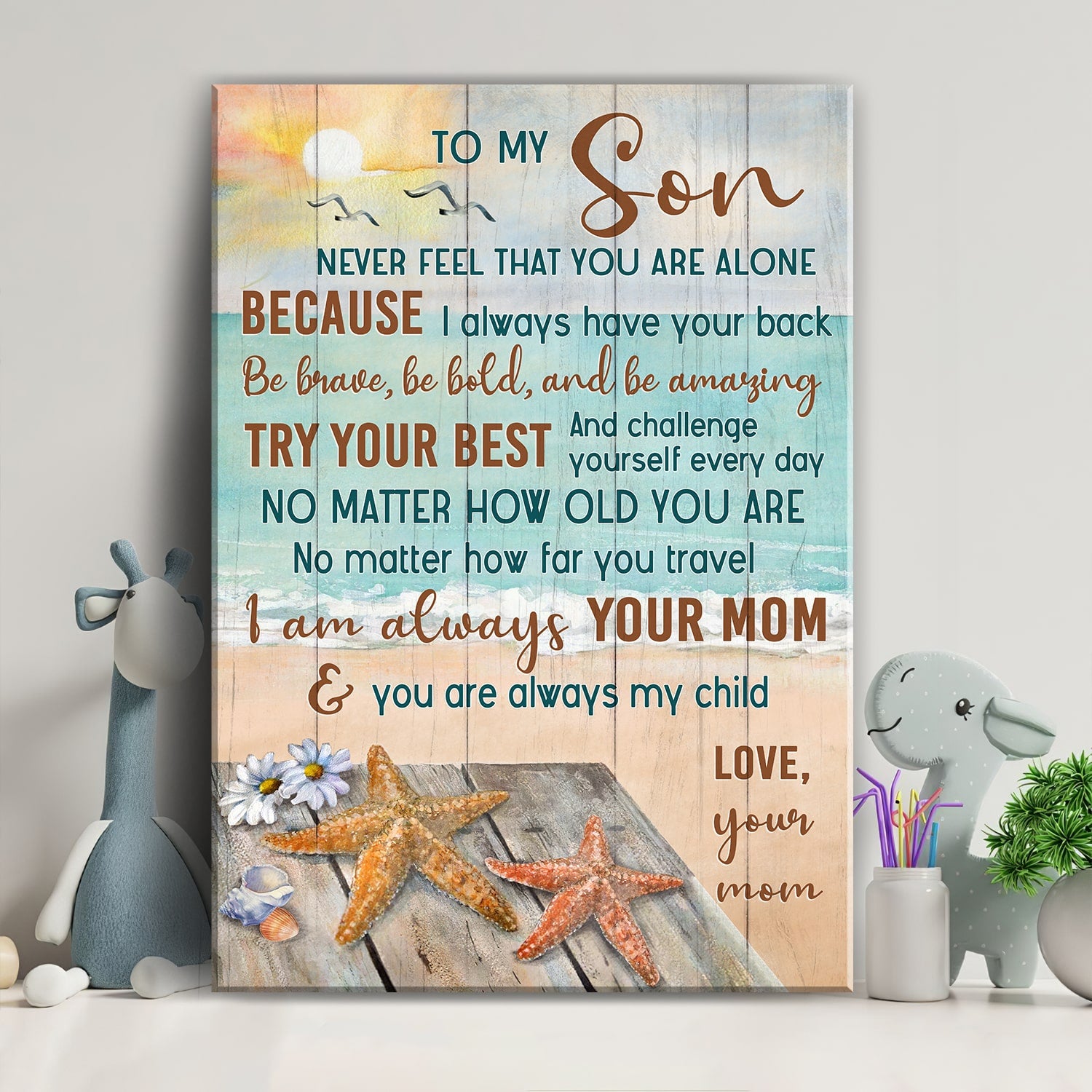 Mom to son, Starfish, Sunset beach, Daisy flower, Try your best & challenge yourself everyday - Family Portrait Canvas Prints, Wall Art